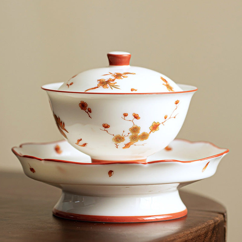 Nimara Ritual White Porcelain Flowers Ceramic Gaiwan Sancai Teacup Kung Fu Tea Cup And Saucer With Lid