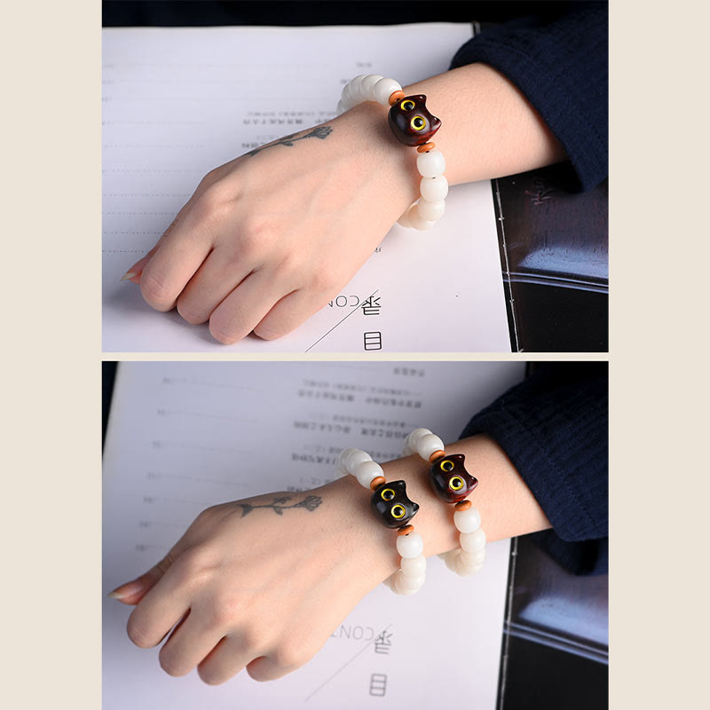 Nimara Ritual Natural Bodhi Seed Small Leaf Red Sandalwood Ebony Wood Cute Lucky Cat Wisdom Bracelet