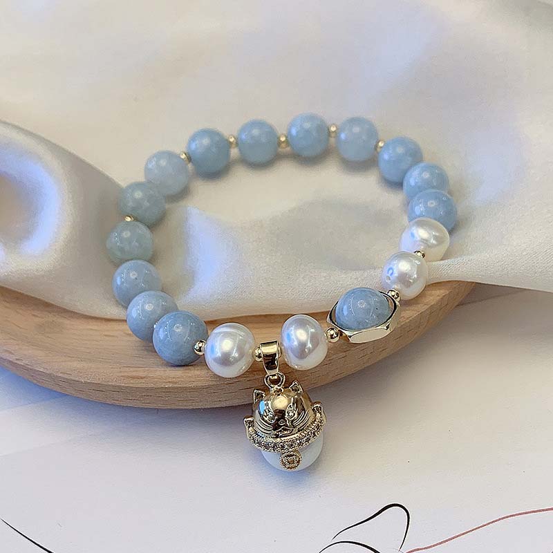 Nimara Ritual Aquamarine Pearl Peace Healing Lucky Cat Charm Bracelet