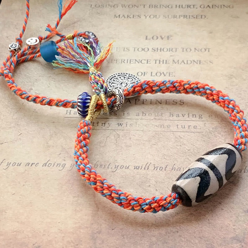Nimara Ritual Tibetan 925 Sterling Silver Om Mani Padme Hum Handmade Dzi Bead Protection Braid Bracelet