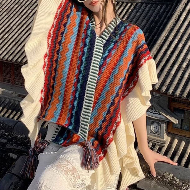Nimara Ritual Tibetan Shawl Colorful Striped Wavy Line Tassels Winter Cozy Travel Scarf Wrap