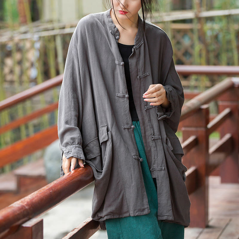 Nimara Ritual Frog-Button Long Sleeve Zen Meditation Open Front Jacket With Pockets