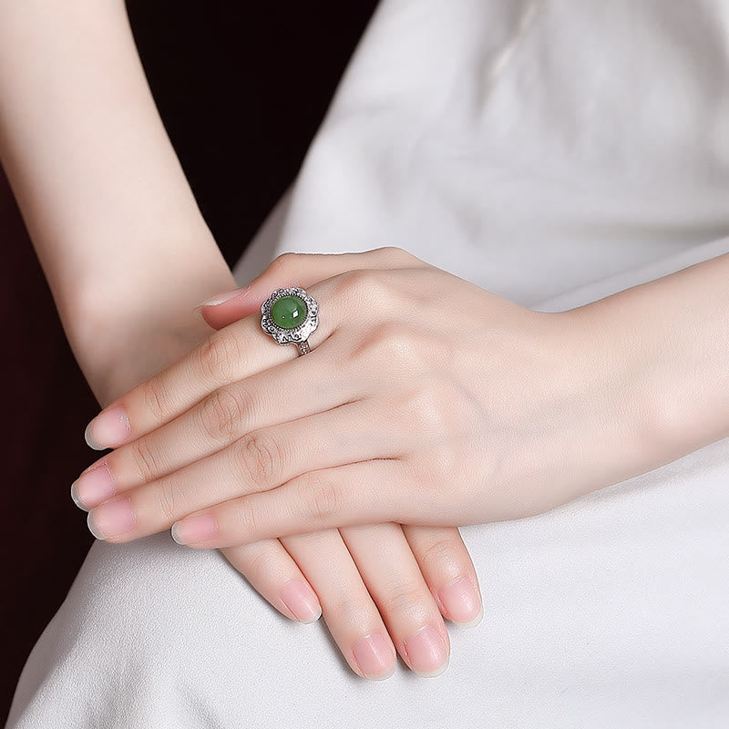 Nimara Ritual 925 Sterling Silver Hetian Cyan Jade Flower Design Luck Adjustable Ring