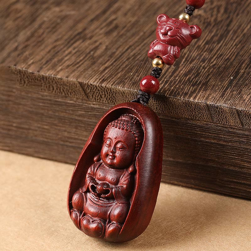 Nimara Ritual Small Leaf Red Sandalwood Buddha Cinnabar Chinese Zodiac Amulet Protection Key Chain