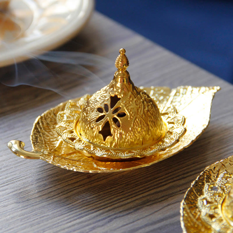 Nimara Ritual Tibetan Gold Mini Leaf Coaster Meditation Incense Burner