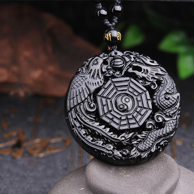 Nimara Ritual Bagua Dragon Phoenix Obsidian Fulfilment Pendant Necklace