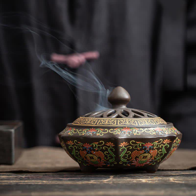 Nimara Ritual Tibetan Floral Pattern Ceramic Blessing Incense Burner Decoration