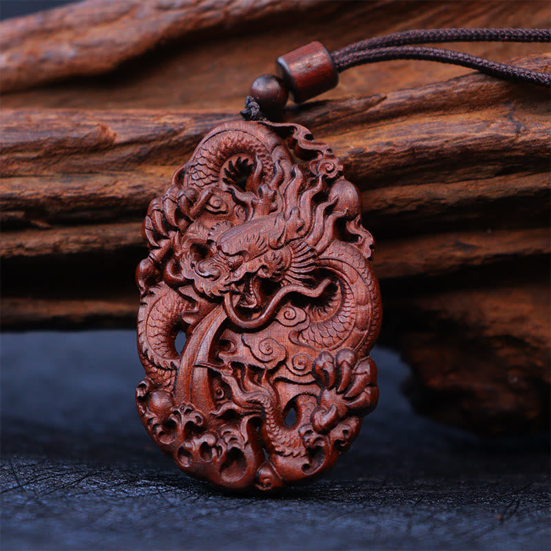 Nimara Ritual Lightning Struck Jujube Wood Double Dragon Relief Ward Off Evil Spirits Necklace Pendant
