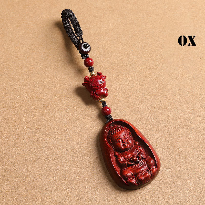 Nimara Ritual Small Leaf Red Sandalwood Buddha Cinnabar Chinese Zodiac Amulet Protection Key Chain