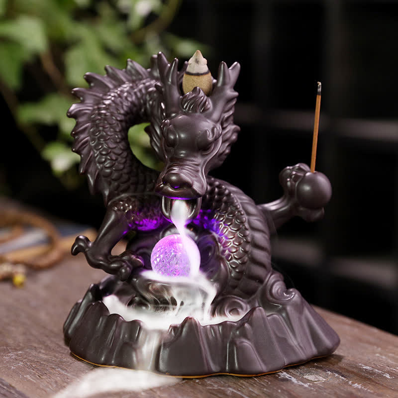 Nimara Ritual Auspicious Dragon Ceramic Backflow Smoke Fountain Meditation Healing Incense Burner Led Ball Decoration