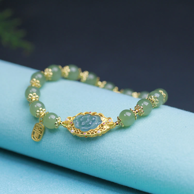 Nimara Ritual 925 Sterling Silver Plated 14K Gold Hetian Jade Lotus Luck Bracelet