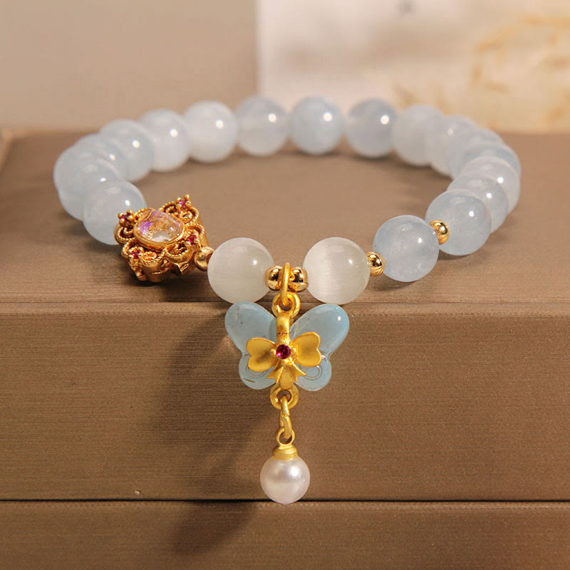 Nimara Ritual Aquamarine Cat's Eye Healing Butterfly Pearl Charm Bracelet