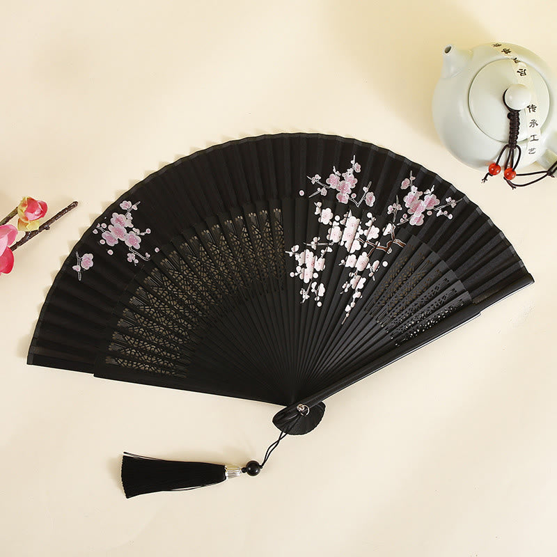 Nimara Ritual Hibiscus Flower Plum Blossom Handheld Bamboo Folding Fan