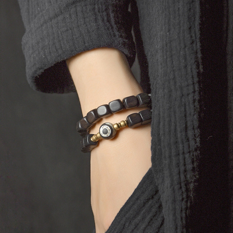 Nimara Ritual Ebony Wood Dzi Bead Copper Peace Couple Bracelet