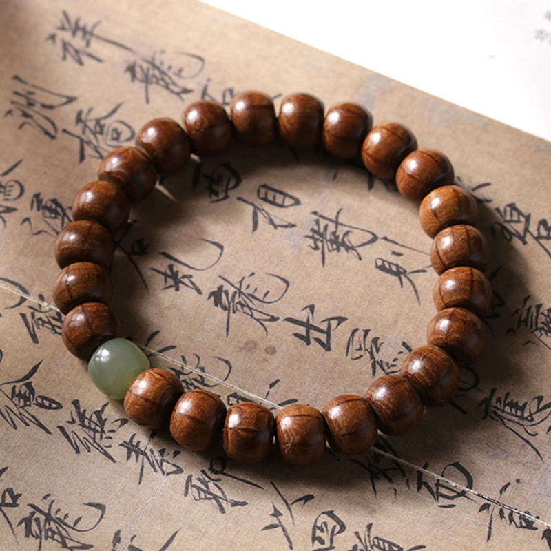 Nimara Ritual Natural Abelia Biflora Wood Hetian Jade Bamboo Bead Warding Off Evil Spirits Bracelet