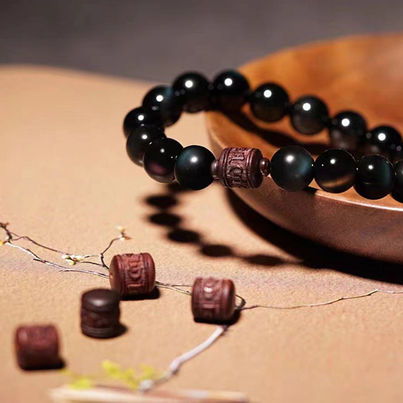 Nimara Ritual Natural Gold Sheen Obsidian Rainbow Obsidian Om Mani Padme Hum Fu Character Healing Bracelet