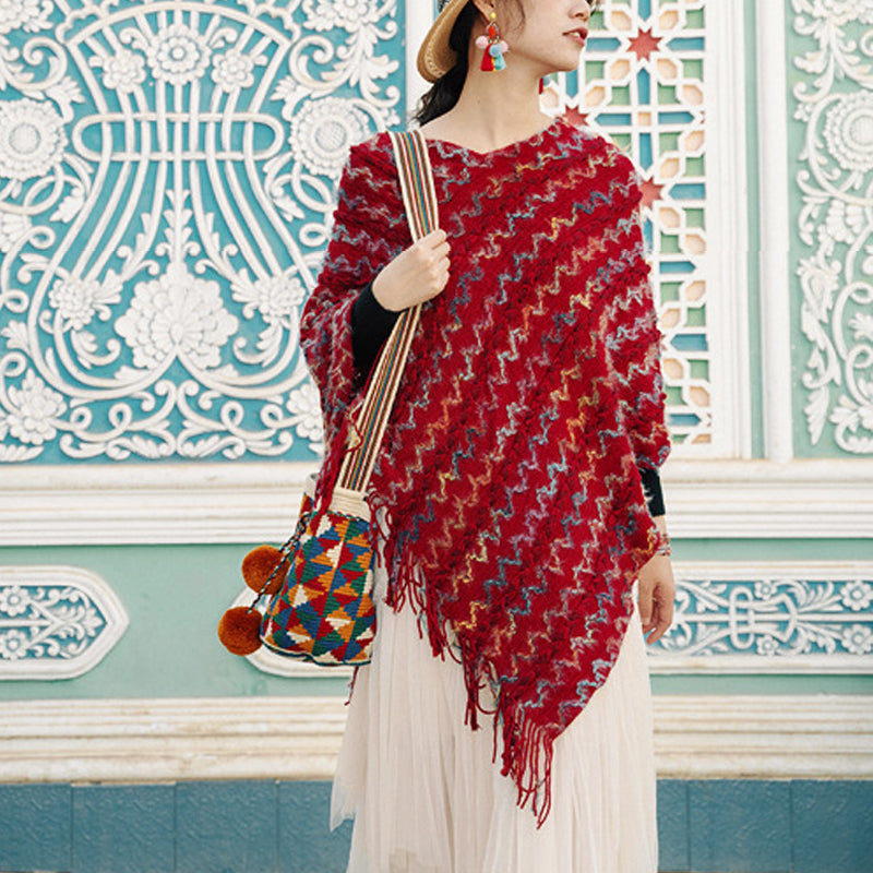 Nimara Ritual Tibetan Colorful Striped Shawl Tassels Pullover Winter Cozy Travel Scarf Wrap