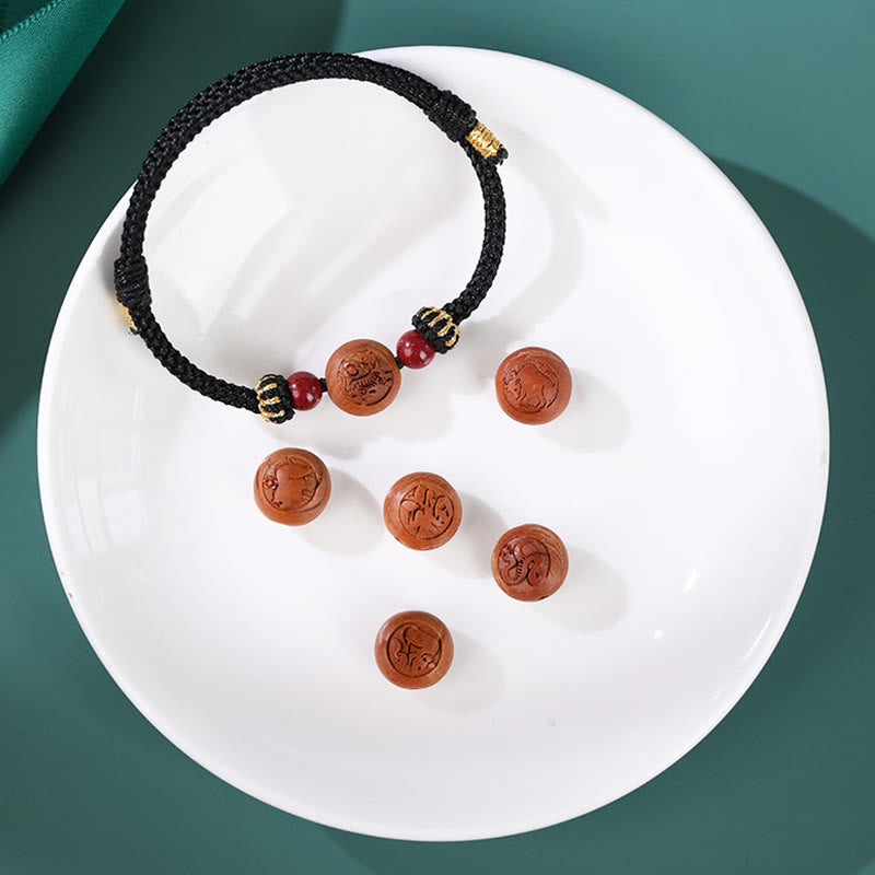 Nimara Ritual Natural Peach Wood Chinese Zodiac Fu Character Carved Cinnabar Wealth Bracelet