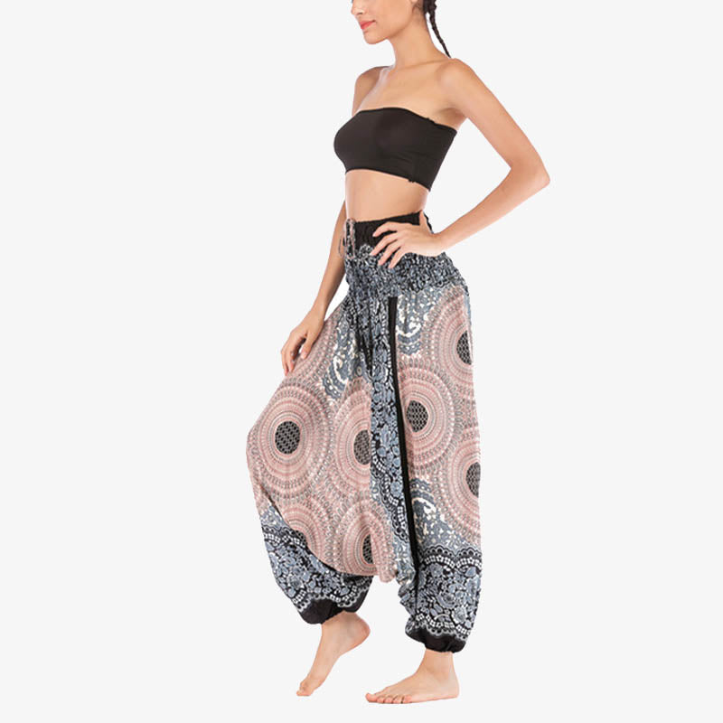 Nimara Ritual Two Style Wear Round Geometric Pattern Loose Smocked Harem Trousers Jumpsuit High Waist Women's Yoga Pants