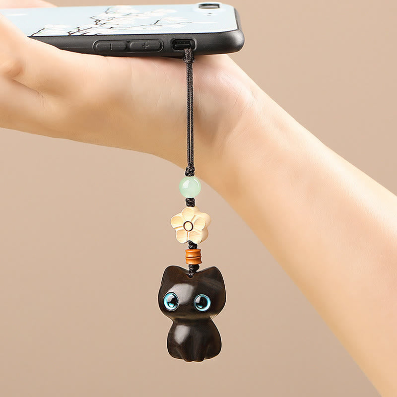 Nimara Ritual Mini Small Leaf Red Sandalwood Ebony Wood Lucky Cat Lovely Kitty Peace Key Chain Phone Hanging Decoration