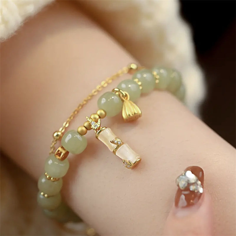 Nimara Ritual Natural Hetian Jade Prosperity Lotus Bamboo Charm Bracelet
