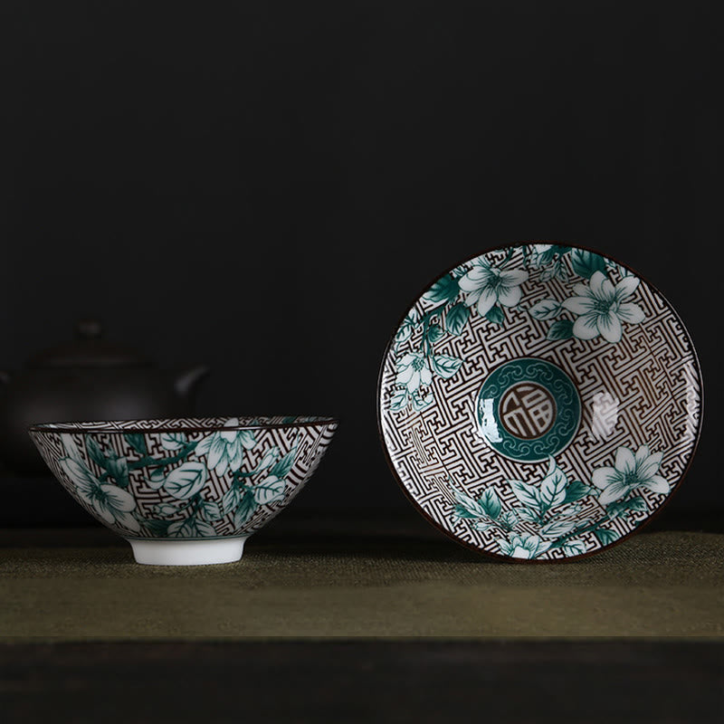Nimara Ritual Flowers Fu Character Mountains Lotus Cherry Blossoms Ceramic Teacup Kung Fu Tea Cup