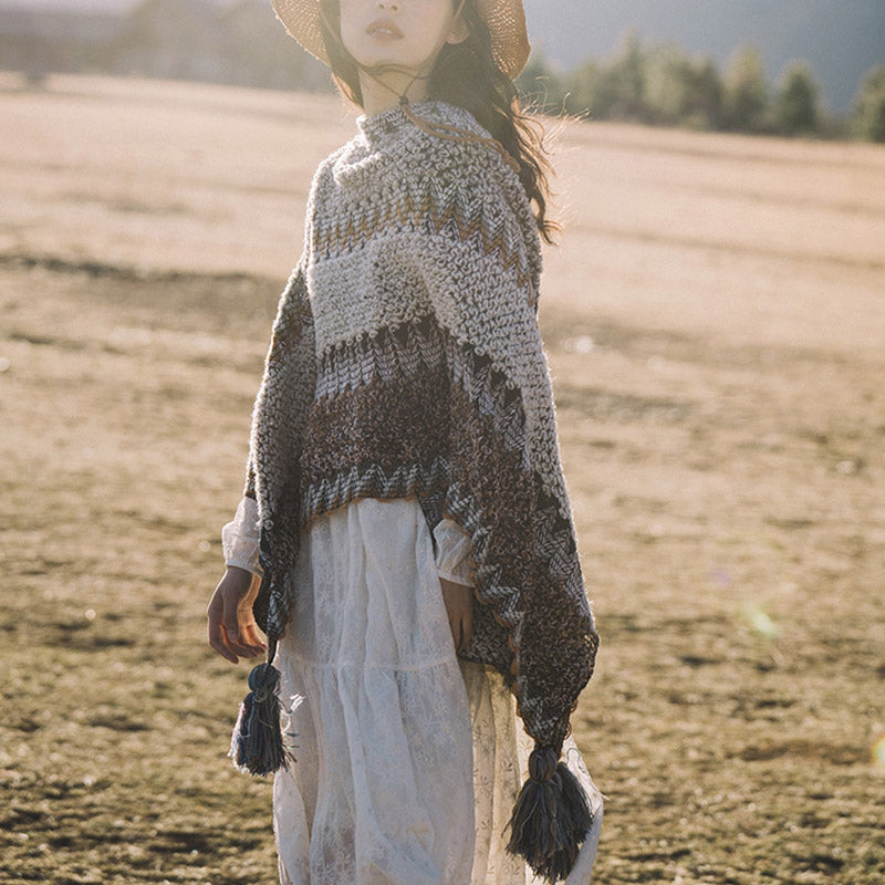 Nimara Ritual Tibetan Shawl Gray Brown Striped Knitted Tassels Winter Cozy Travel Scarf Wrap