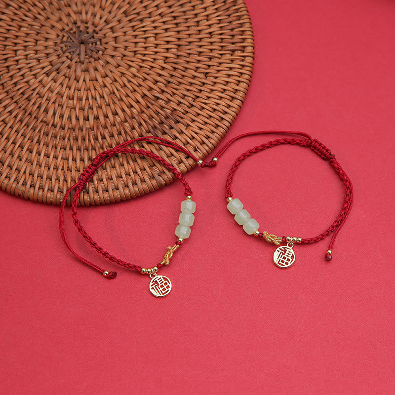 Nimara Ritual Handcrafted Jade Bead Fu Character Charm Luck Red Rope Bracelet