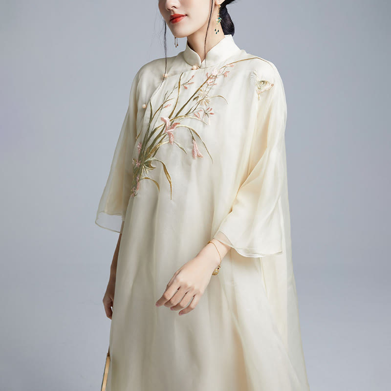 Nimara Ritual 100% Mulberry Silk 6 Momme Dress Vintage Flower Butterfly Embroidery Qipao Dress Women's Cheongsam Dress