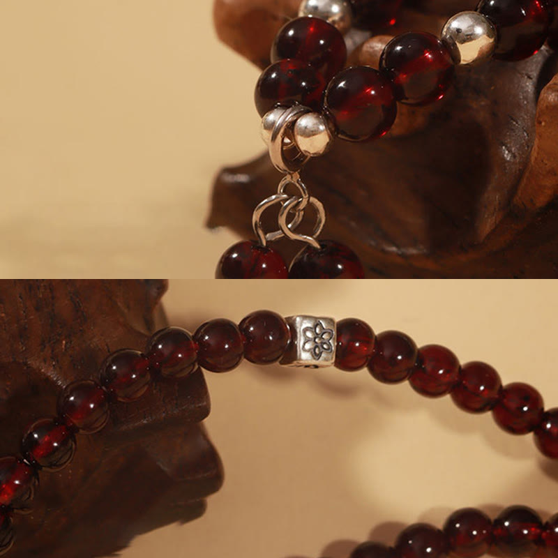 Nimara Ritual 925 Sterling Silver Natural Garnet Cat Eye Protection Triple Wrap Bracelet