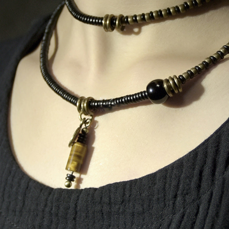 Nimara Ritual Ebony Wood Dzi Bead Copper Peace Couple Bracelet Necklace Pendant