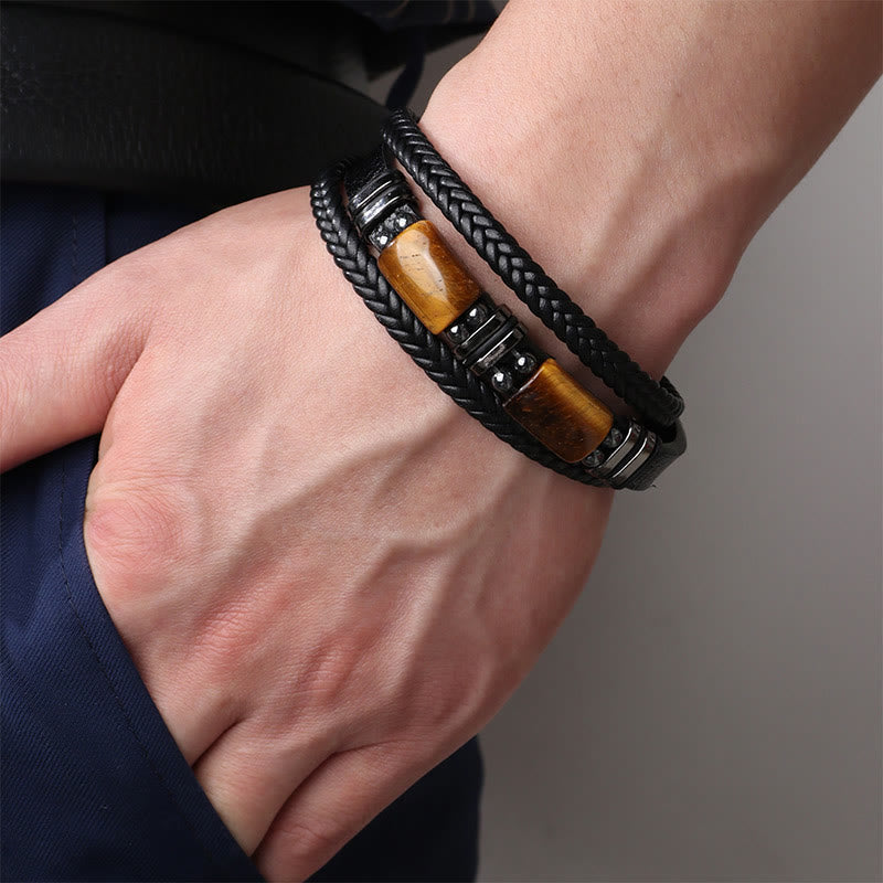 Nimara Ritual Tiger Eye Power Magnetic Buckle Multilayered Leather Bracelet