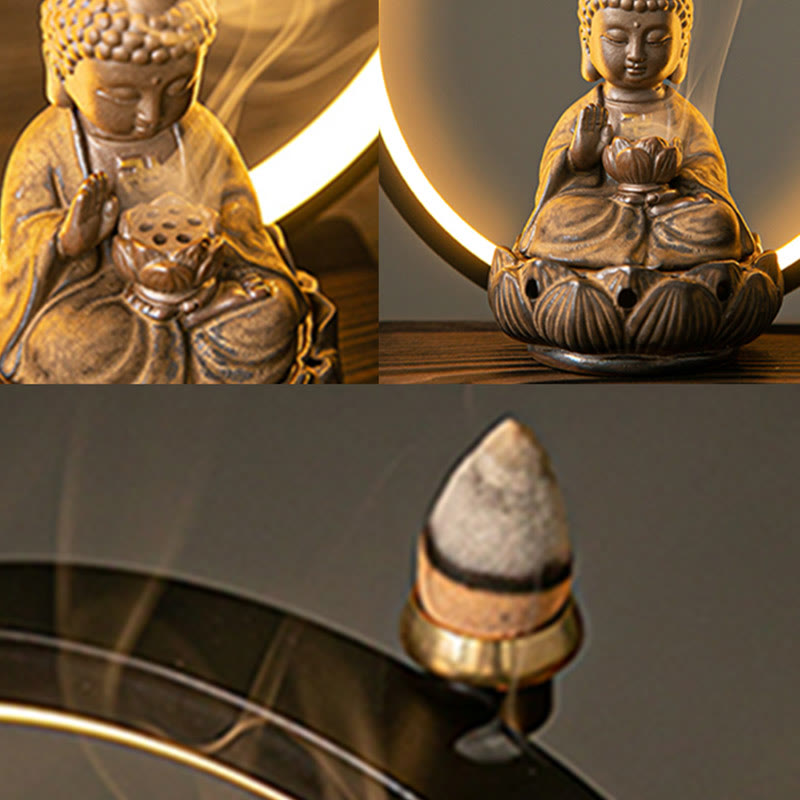 Nimara Ritual Buddha Lotus Backflow Smoke Fountain Ceramic Blessing Incense Burner With Light Decoration