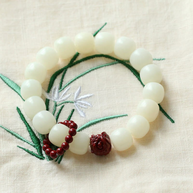 Nimara Ritual Natural Bodhi Seed Cinnabar Dancing Lion Charm Wisdom Harmony Wrist Mala