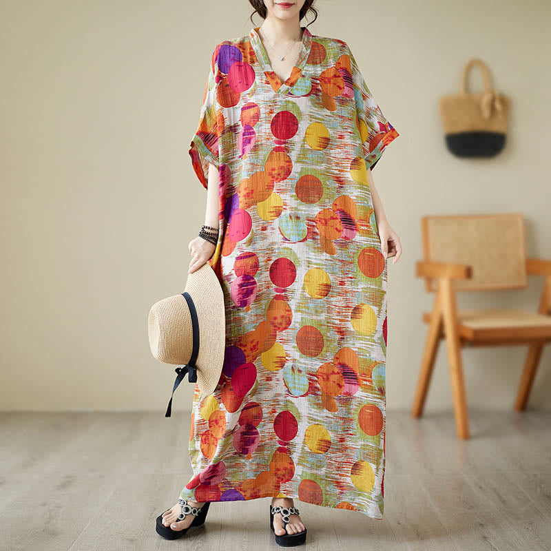 Nimara Ritual Orange Blue Colorful Polka Dots Midi Dress Cotton Half Sleeve Dress With Pockets