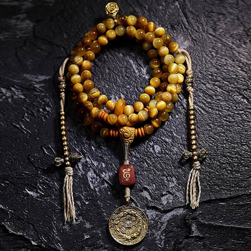 Nimara Ritual 108 Mala Beads Natural Tiger Eye Copper Dorje Protection Tassel Bracelet