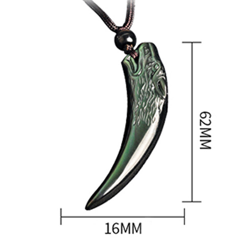 Nimara Ritual Natural Black Obsidian Ice Obsidian Rainbow Obsidian Wolf Tooth Pattern Strength Necklace Pendant