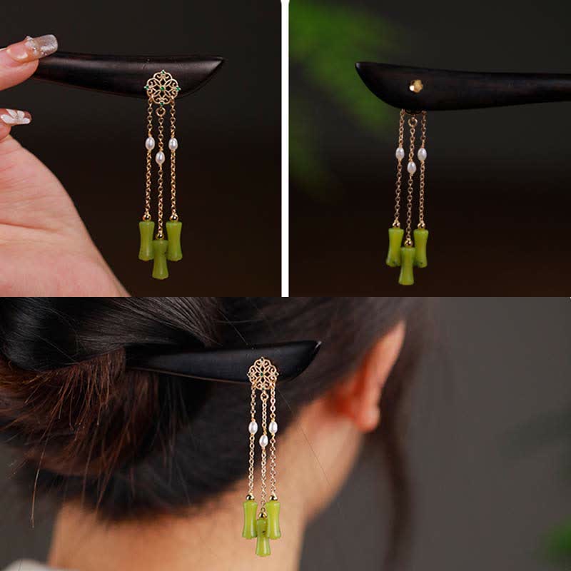 Nimara Ritual Natural Peridot Ebony Wood Love Tassels Hairpin