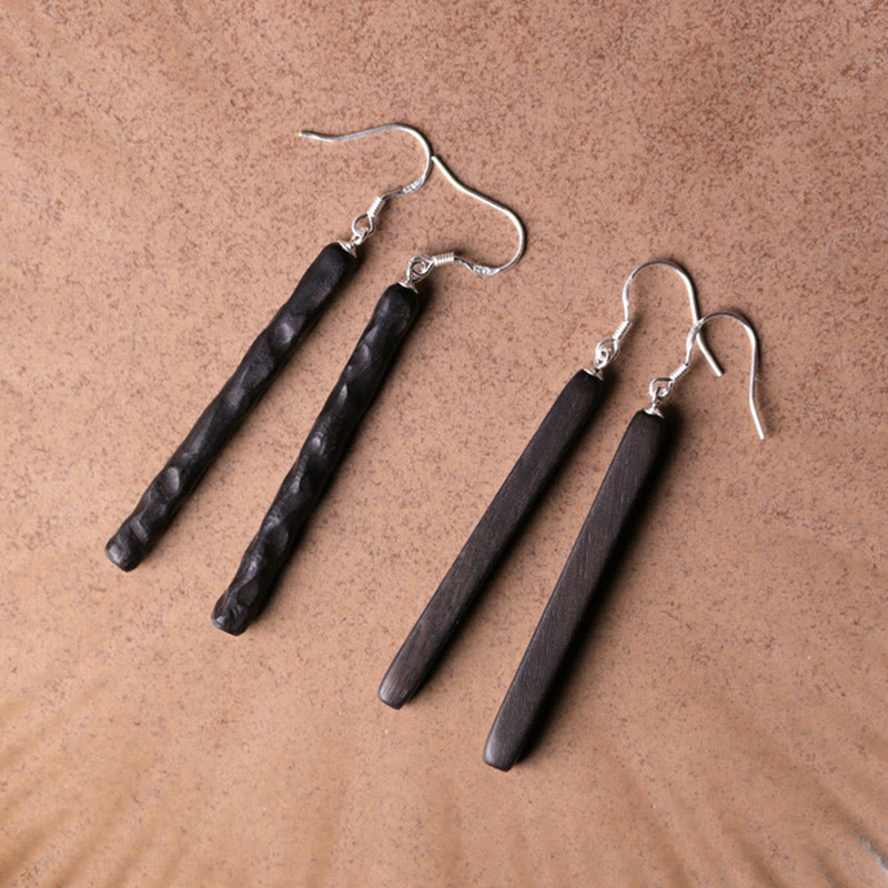 Nimara Ritual 925 Sterling Silver Ebony Wood Texture Balance Peace Drop Dangle Earrings