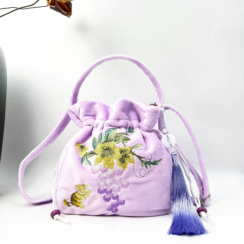 Nimara Ritual Embroidered Osmanthus Peony Grape Cat Cotton Linen Tote Crossbody Bag Shoulder Bag Handbag