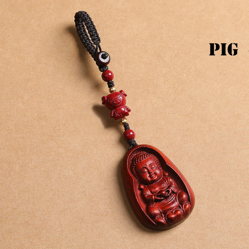 Nimara Ritual Small Leaf Red Sandalwood Buddha Cinnabar Chinese Zodiac Amulet Protection Key Chain