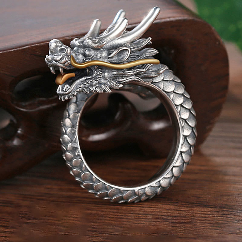 Nimara Ritual 925 Sterling Silver Vintage Dragon Design Protection Strength Adjustable Ring