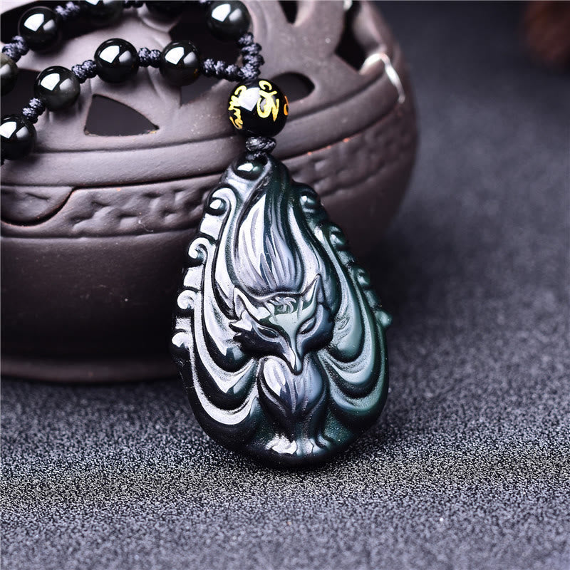 Nimara Ritual Natural Rainbow Obsidian Nine Tailed Fox Inner Peace Necklace Beaded String Pendant