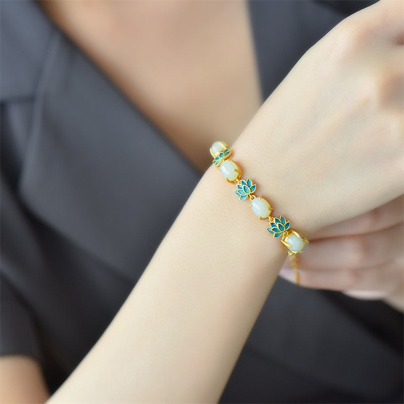 Nimara Ritual White Jade Cyan Jade Lotus Protection Bracelet
