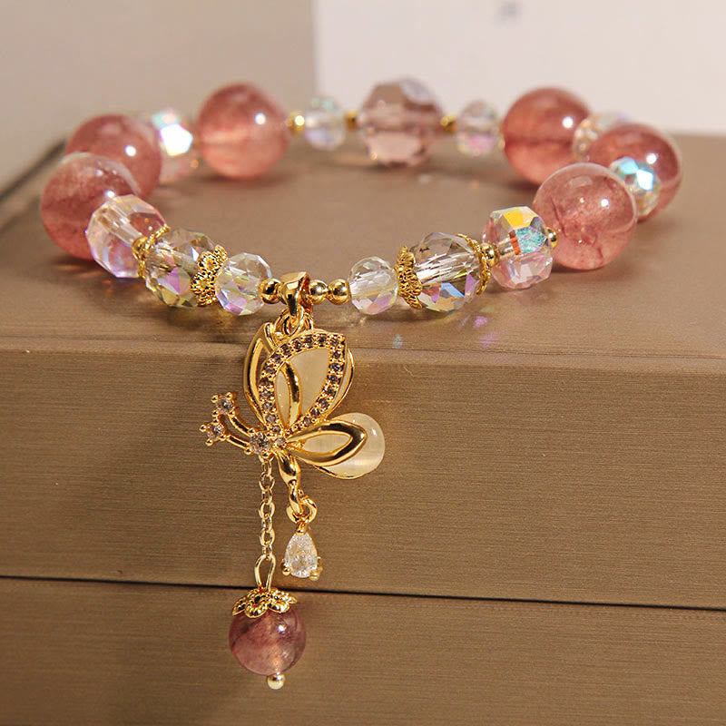 Nimara Ritual Natural Strawberry Quartz Healing Positive Butterfly Charm Bracelet