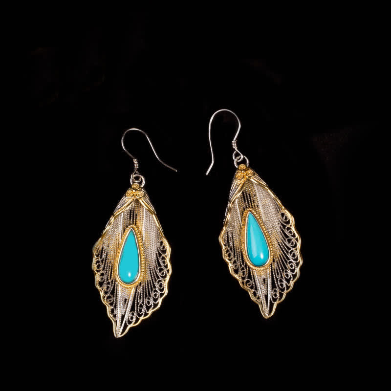Nimara Ritual 925 Sterling Silver Turquoise Bodhi Leaf Pattern Protection Drop Dangle Earrings