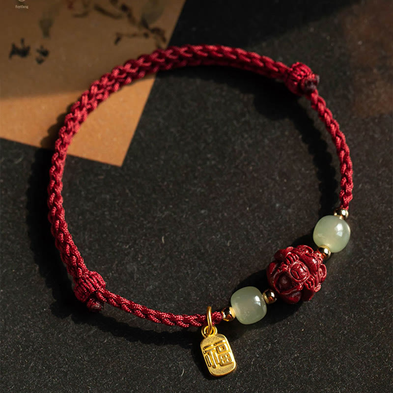 Nimara Ritual Natural Cinnabar Chinese Zodiac Hetian Jade Fu Character Luck Rope Bracelet