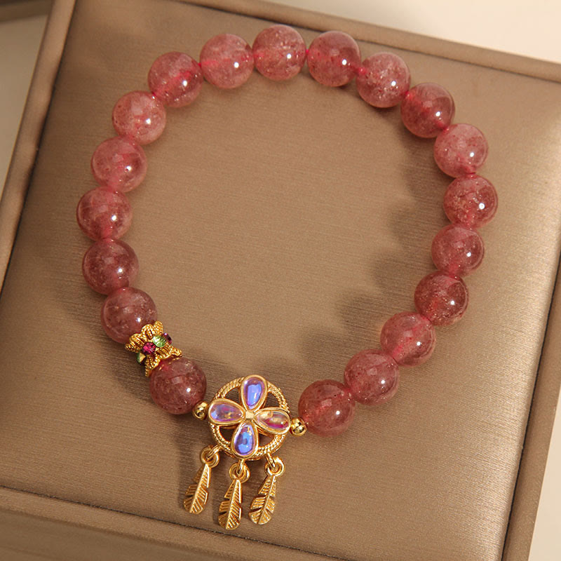 Nimara Ritual Natural Strawberry Quartz Four Leaf Clover Dreamcatcher Charm Love Bracelet