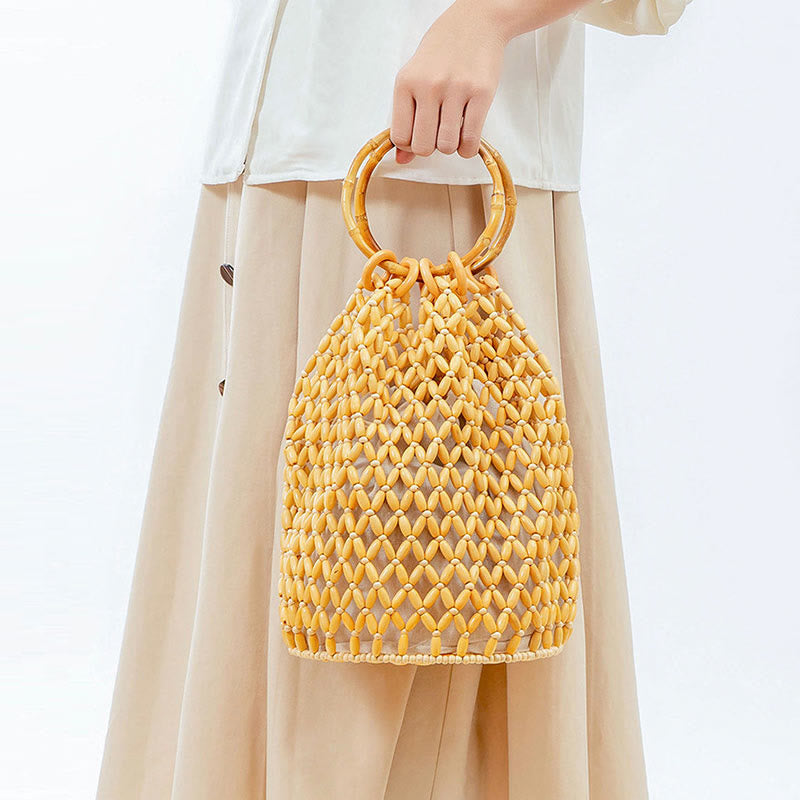 Nimara Ritual Hand-woven Wooden Beads Bamboo Handle Shoulder Bag Handbag