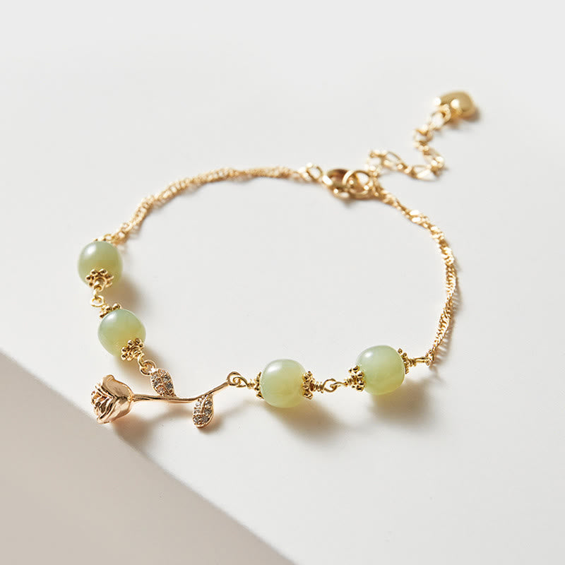 Nimara Ritual 14K Gold Plated Hetian Jade Golden Rose Flower Luck Chain Bracelet